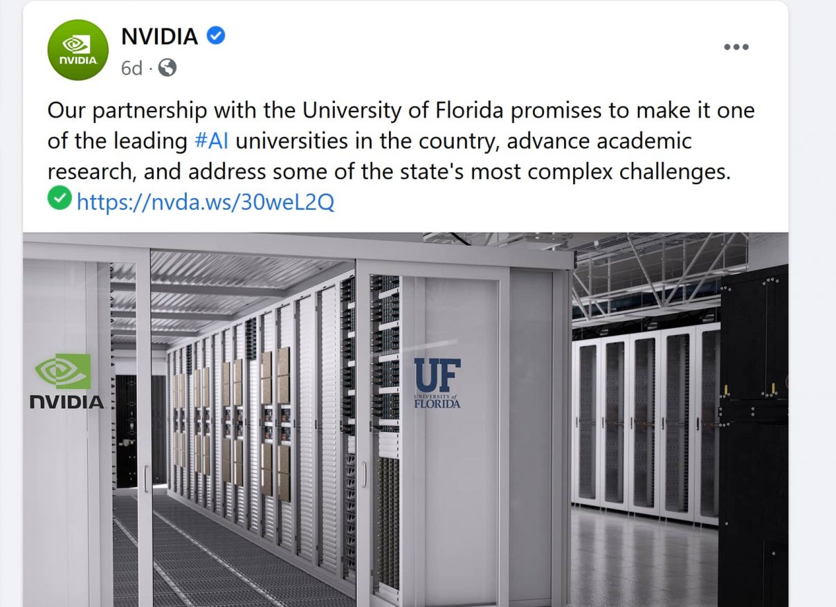 NVIDIA Facebook post announcement, University of Florida supercomputer, public-private partnership, July 22, 2020