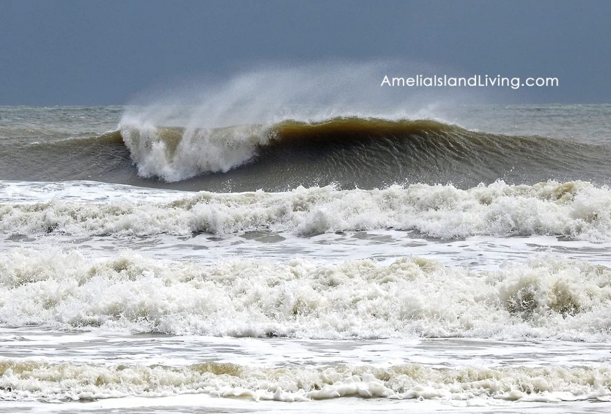 Amelia Island Living beach surf, waves day Isaias passed by off shore, August 3, 2020. Photo by AmeliaIslandLiving.com.