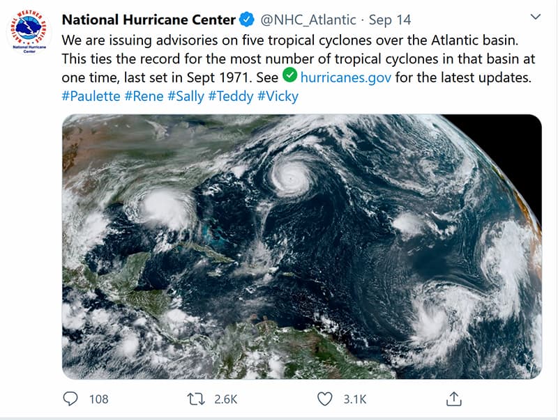 Five tropical storms in Atlantic Basin on September 14, 2020. National Hurricane Center satellite image.