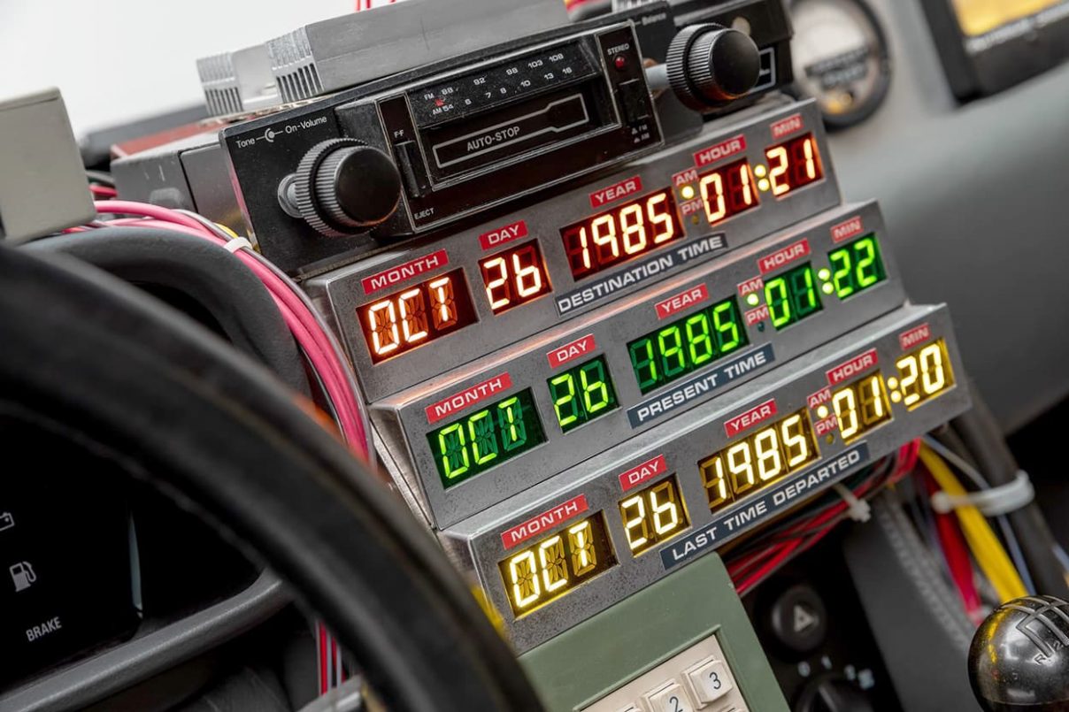 Delorean dashboard, Back To The Furture famous movie car owned by Universal Studios appeared on Amelia Island, Florida.