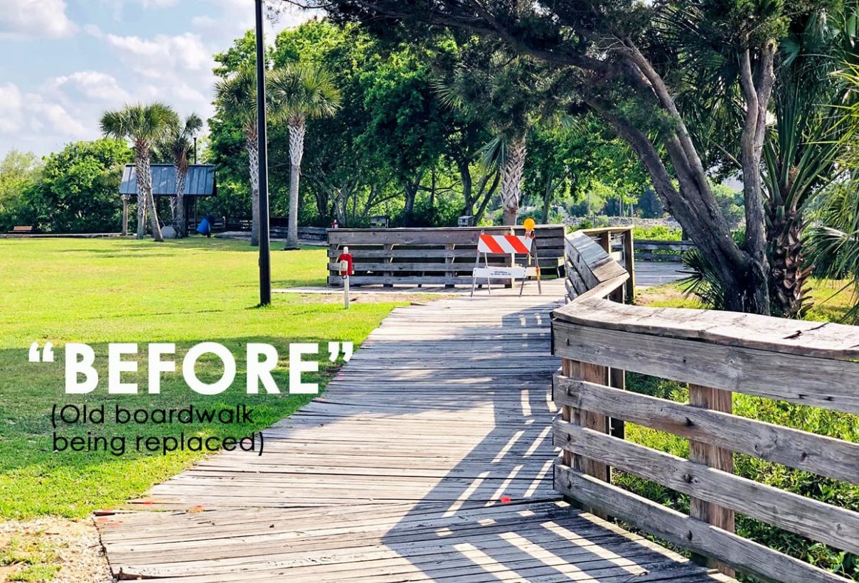 Fernandina Beach Marina river boardwalk, before photo. To be replaced with coquina cement elevated walkway. Amelia Island Living magazine.