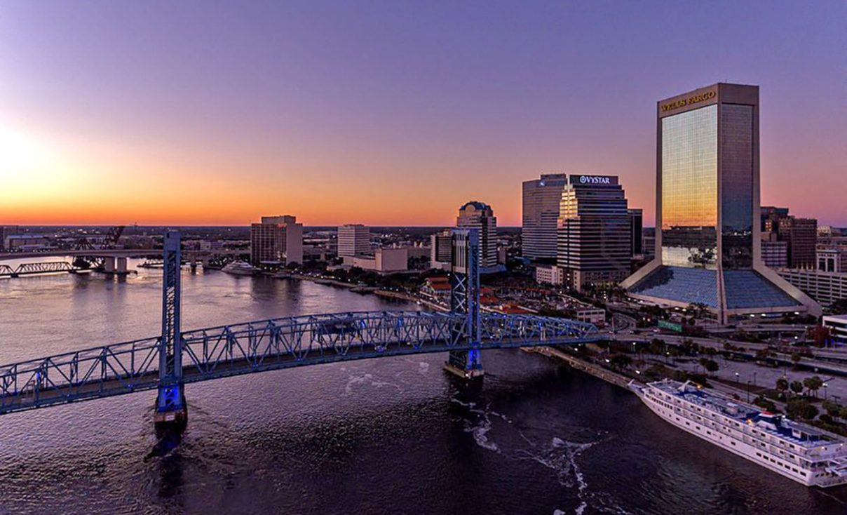 Jacksonville, Florida downtown skyline, riverfront city image.
