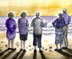 Senior citizens, retirement crisis looming, 401K problems, watercolor beach scene illustration.