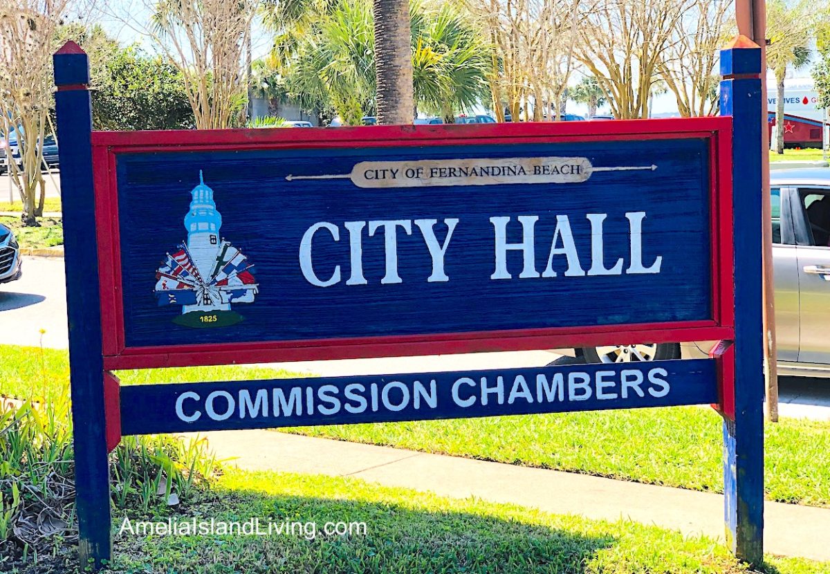 Fernandina Beach City Hall Commission Chambers sign. Photo by AmeliaIslandLiving.com