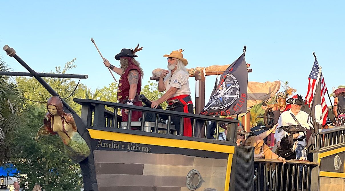 Fernandina Pirates aboard ship "Amelia's Revenge" during Isle of Eight Flags Shrimp Festival parade.