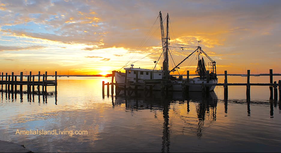 Sunset shrimp boat on the river, downtown Fernandina dock. (Photo from Amelia Island Living's archives, north of Centre Street dock, back in year 2012.)