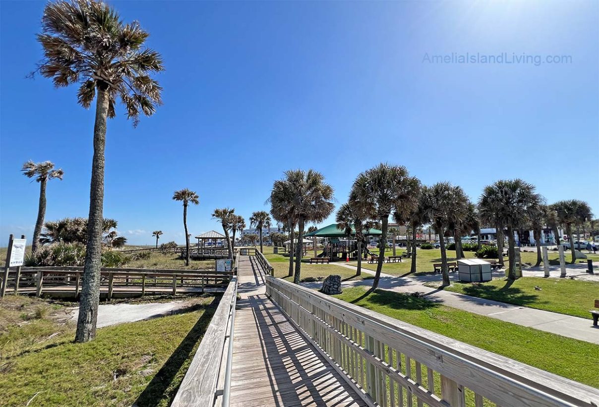Fernandina's Main Beach Park looking south along boardwalk. Located on Amelia Island in Nassau County, Florida. (Photo by AmeliaIslandLiving.com)